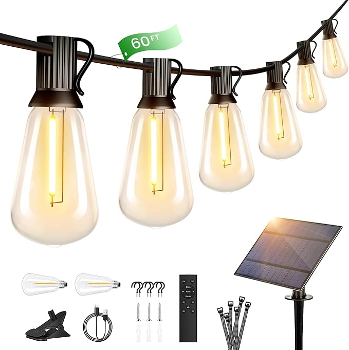 OHLUX 60FT Solar Globe String Lights Outdoor, Shatterproof Solar Patio Lights with Remote, 27 Dimmable LED Filament ST38 Bulbs, 2200K Soft Warm White Edison Hanging Light for Outside Canopy Deck