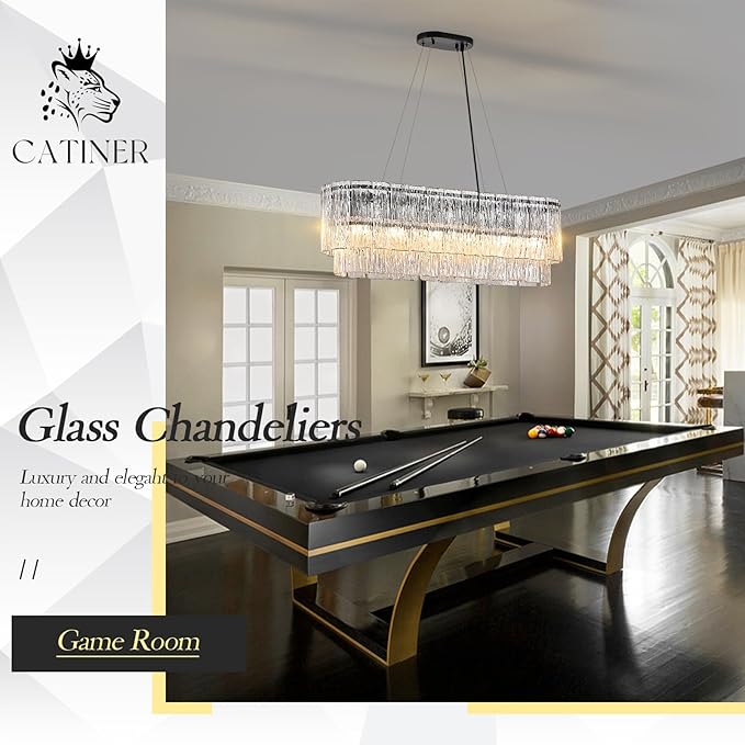 CATINER Black Rectangle Chandeliers for Dining Room Modern Crystal Glass Island Light 6-Light Chandelier Luxury Rectangular Linear Hanging Pendant Light Fixture for Kitchen L35.5”