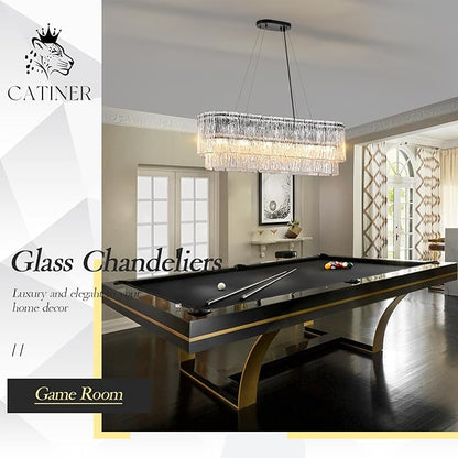 CATINER Black Rectangle Chandeliers for Dining Room Modern Crystal Glass Island Light 6-Light Chandelier Luxury Rectangular Linear Hanging Pendant Light Fixture for Kitchen L35.5”