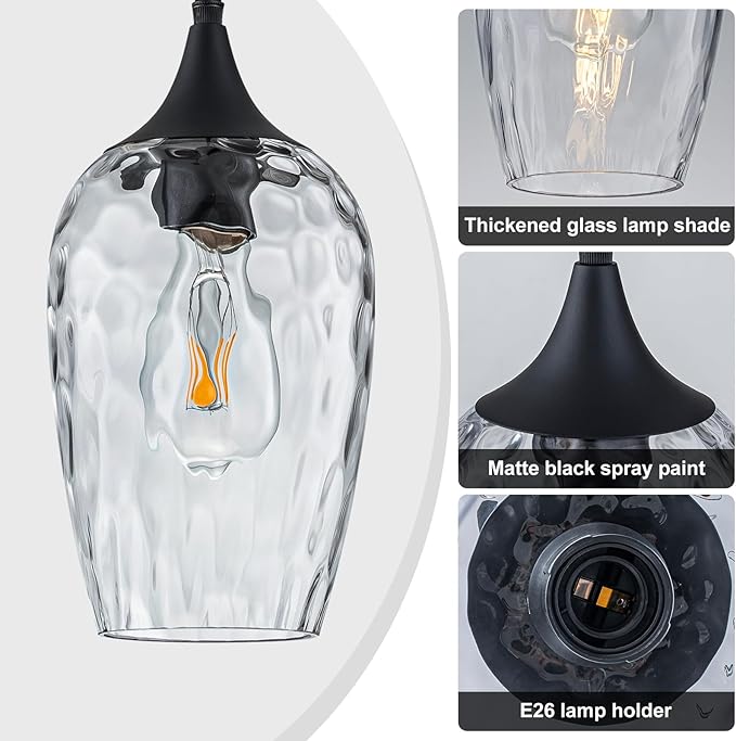 Glass Pendant Lights Kitchen Island, Black Pendant Light Fixtures with Hand-Blown Clear Glass Modem Farmhouse Hanging Light for Kitchen Sink Dining Room Bedroom