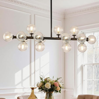 16-Light Globe Sputnik Chandelier, Linear Dining Room Light Fixture Over Table, Mid Century Modern Black Chandeliers for Dining Living Room, Kitchen Island Lighting (Clear Bubble, 40 Inch)