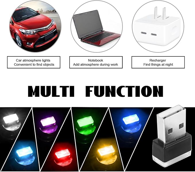 NTNEV 7PCS USB LED Car Interior Atmosphere Lamp, Mini Led USB Lights for Car Decoration, Ambient Lighting Kit, Plug-in USB Interface, Universal Car Interior Accessories(Multi-Color)