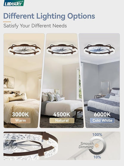 LEDIARY 24 Inch Low Profile Ceiling Fans with Lights and Remote, Flush Mount Fandelier Ceiling Fan, 3000K-6000K Dimmable LED Fan Light, Brown Modern Ceiling Fans with Lights for Bedroom