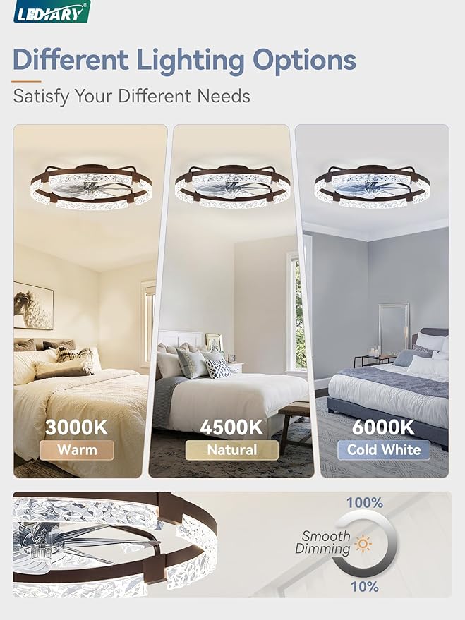 LEDIARY 2 Pack 24 Inch Low Profile Ceiling Fans with Lights and Remote, Fandelier Modern Ceiling Fan, 3000K-6000K Dimmable LED Fan Light, Brown Flush Mount Ceiling Fans with Lights for Bedroom