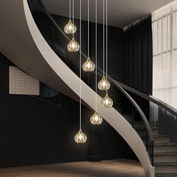 Weesalife Crystal Chandeliers for Staircases, 7-Light Gold Modern Chandeliers for High Ceilings，Crystal Pendant Light Fixture for Living Room Kitchen Island Foyer Hallway Bar