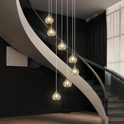 Weesalife Crystal Chandeliers for Staircases, 7-Light Gold Modern Chandeliers for High Ceilings，Crystal Pendant Light Fixture for Living Room Kitchen Island Foyer Hallway Bar
