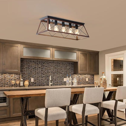 31.5" Flush Mount Ceiling Light, 5-Light Industrial Vintage Chandelier with Matte Black & Brushed Bronze Finish, Large Close to Ceiling Lighting for Dining Room, Kitchen Island, Living Room, Hallway