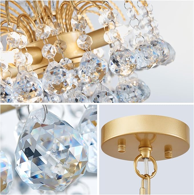 WUZUPS Crystal Chandelier Pendant Flushmount Ceiling Light Modern Lighting Fixture for Bedroom Hallway Bar Kitchen Bathroom, H 14.4" x W 11.8", Gold, E12 Base
