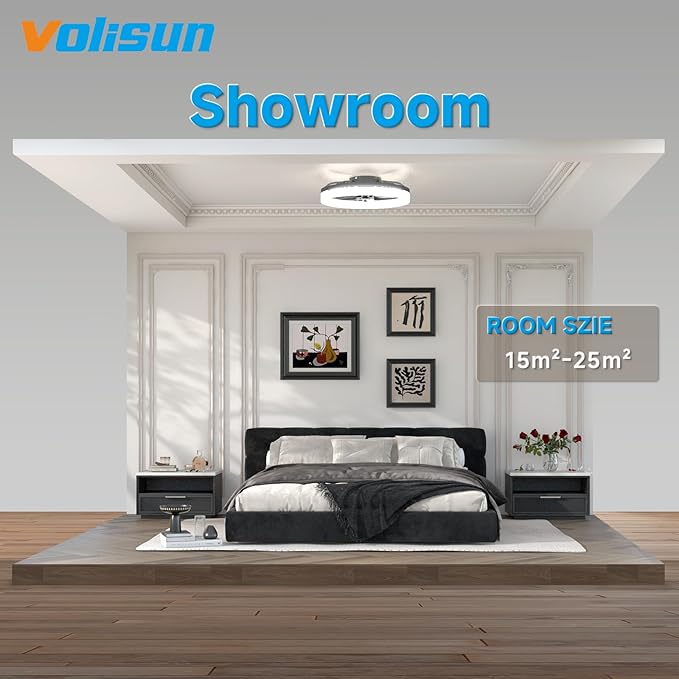VOLISUN Low Profile Ceiling Fans with Lights and Remote, 19.7in Fandelier Ceiling Fan with Light, 3000K-6500K Dimmable Bladeless LED Fan Light, Black Flush Mount Ceiling Fans with Lights for Bedroom