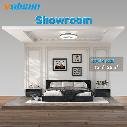 VOLISUN Low Profile Ceiling Fans with Lights and Remote, 19.7in Fandelier Ceiling Fan with Light, 3000K-6500K Dimmable Bladeless LED Fan Light, Black Flush Mount Ceiling Fans with Lights for Bedroom