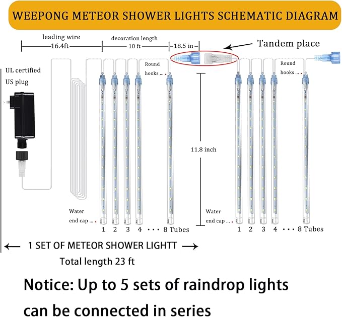Weepong Halloween Lights Outdoor, Meteor Shower Christmas Lights for Halloween Decorations, 8 Tube 192 LED Snow Falling Rain Icicle String Light for Xmas Christmas Decor Tree Party, UL Plug Green