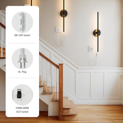 ZAGO Plug in or Hardwired Linear Wall Sconce: 24 Inch LED Indoor Modern Linear Wall Lights Set of Two with On/Off Switch, 5CCT Switchable, Matte Black, Dimmable for Living Room, Bedroom, Hallway