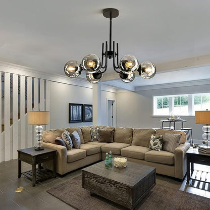 hesoge 6-Lights Glass Globe Sputnik Chandeliers Modern Metal Ceiling Light Fixture Black Semi Flush Mount Chandelier for Living Room Dining Room Bedroom Farmhouse Kitchen.