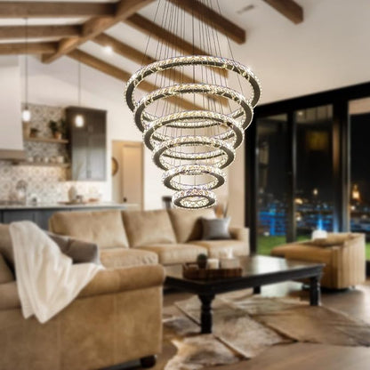Dimmable Crystal LED Chandelier(3000-6500K) for High Ceiling – Remote Control, Adjustable Height, Modern Stainless Steel Fixture for Foyer, Staircase, Living Room(Chrome 6-Ring)