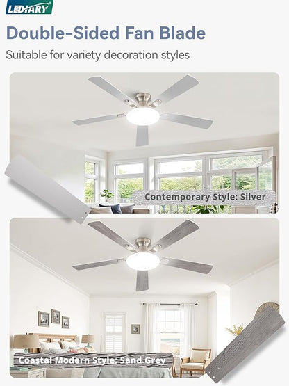 52 Inch Ceiling Fan with Lights and Remote, 30W 12" LED Panel Flush Mount Ceiling Fan, 6-Speed Quiet DC Motor Modern Low Profile Ceiling Fan with Reversible Blades for Bedroom, Living Room, Patio