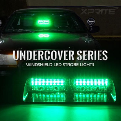 Xprite Green LED Emergency Dash Strobe Light, Interior Windshield Safety Warning Traffic Lights w/Suction Cups, 12V Windshield Visor Light Bar for Postal Law Enforcement Volunteer POV Vehicles Trucks