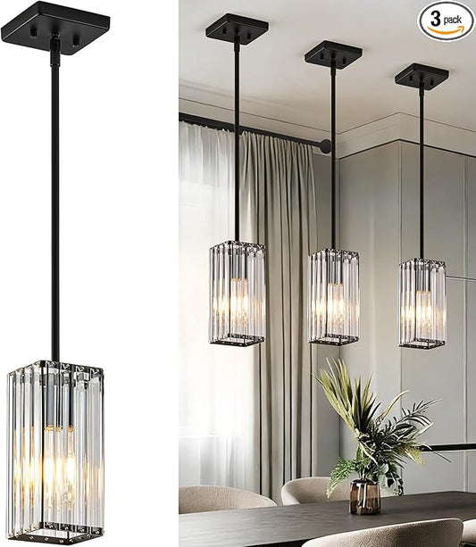 Modern Crystal Pendant Lights Kitchen Island, 3-Pack Black Hanging Light with Clear Crystal Shade, Adjustable Height Pendant Lighting for Kitchen Island Dining Room Bedroom Bar Entryway
