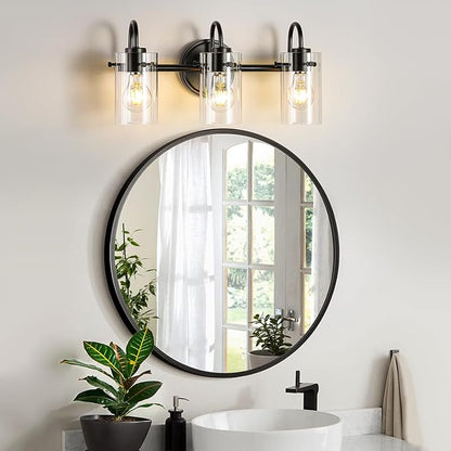3 Lights Vanity Lights, Matte Black Bathroom Wall Light Fixtures over Mirror, Modern Wall Sconce with Clear Glass Shade, Farmhouse Wall Mount Porch Wall Lamp for Mirror, Kitchen, Living Room, Workshop