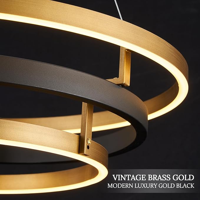 3 Ring LED Chandelier Black Gold Round Chandeliers Light Fixture 31in Dimmable Modern Circular Chandeliers Brass Gold Chandelier Light for Foyer Dining Room Bedroom Office Living Room Entryway