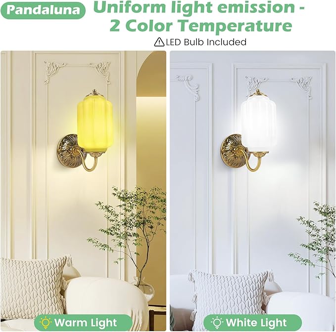 Vintage Wall Sconce, White Milk Glass Light Fixture, 5.5In Art Deco Antique Wall Sconce for Bedroom Bathroom Living Room Hallway Entryway, E12 LED Bulb Included, Antique Gold & White 1 Pack