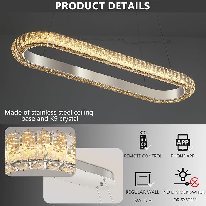 40'' Oval Ring Crystal Chandelier Modern LED Dimmable Ring Pendant Light Chandelier for Dining Room Living Room Silver