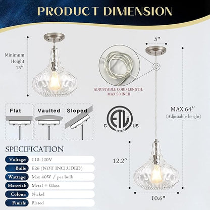 Hammered Glass Pendant Light for Kitchen Island, 11-Inch Modern Brushed Nickel Hanging Light Fixture for Sink, Dining Room, Hallway, Living Room