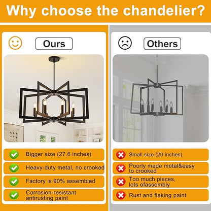 27.6"Modern Black Chandelier for Dining Room, 8-Light Easy To Install Farmhouse Dining Room Light Fixture Over Table, Industrial Hanging Pendant Lights for Kitchen Island, Living Room, Foyer, Entryway