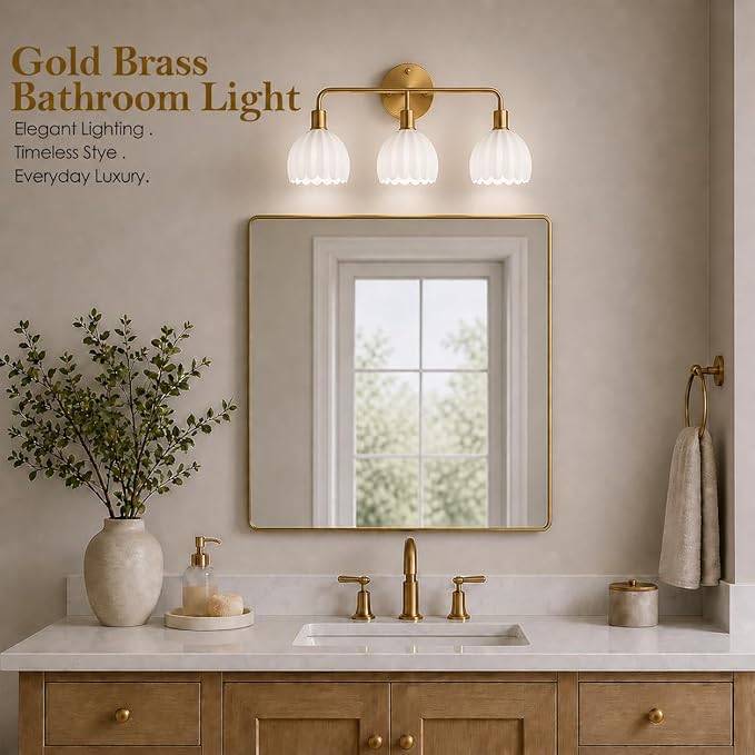 Brushed Gold 3-Light Vanlity Light Over Mirror,Wall Sconces,Gold Brass Bathroom Light Fixture with White Glass Flower Shade,E26 Socket(Bulbs Not Included)