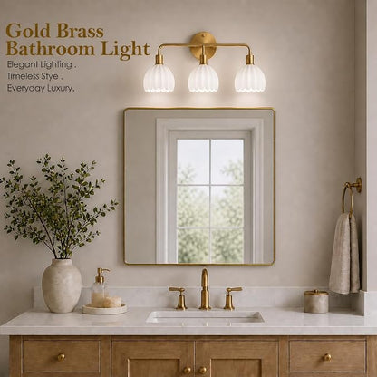 Brushed Gold 3-Light Vanlity Light Over Mirror,Wall Sconces,Gold Brass Bathroom Light Fixture with White Glass Flower Shade,E26 Socket(Bulbs Not Included)