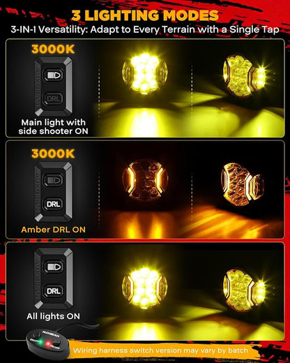 Auxbeam V-Ultra Series 5" 172W Side Shooter Offroad Fog Lights, Amber DRL Function 3 Modes, 270 Degree Wider Range, 20400LM Round LED Pods Light Bar with Protective Covers, Pair
