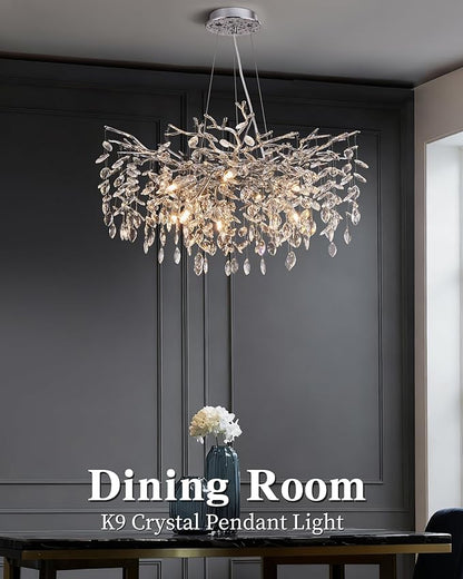 Modern Tree Branch Crystal Chandelier Luxury Silver Crystal Pendant Lighting 30" Contemporary 10-Light Chandeliers for Dining Room Kitchen Bedroom Living Room