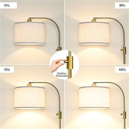 Nintiue Upgraded Modern Arc Dimmable Tall Standing Floor Lamp with Linen Shade, 1200 Lumens LED Bulb Included, for Living & Reading Room, Bedroom, Office & Nursery, Brass