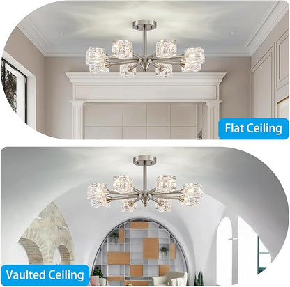 XINGQI 8-Light Brushed Nickel Modern Sputnik Chandeliers Semi Flush Mount Ceiling Light Fixture for Dining Room Bedroom Living Room Kitchen Entryway