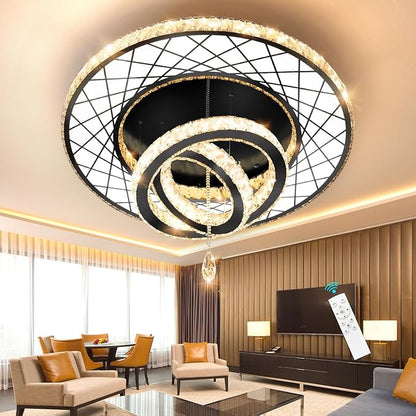 HAIXIANG Crystal Glam Chandelier LED Ceiling Light Living Room Lighting Fixtures Remote Dimmable Ceiling Chandeliers 32 Inches Light Black Lamp