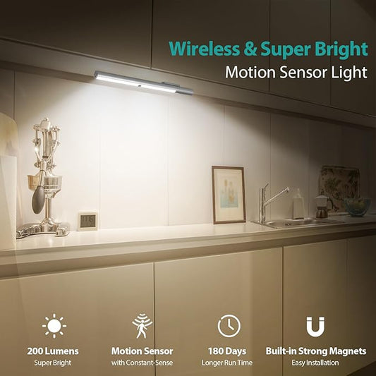 BLS LED Closet Light Battery Operated, T402 Super Bright Wireless Under Cabinet Lighting | Motion Sensor Light | Large 4500mAh Rechargeable Battery Powered | 4000K Daylight White | 180 Days Run Time