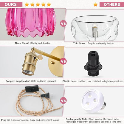 Plug in Wall Sconces Set of 2, Vintage Wall Sconce Light with Tulip Ruby Red Glass Lampshade, Bedroom Wall Sconce with Switch and Plug in wall lamp Cord, Gold Wall Light Wall Decor Set of 2
