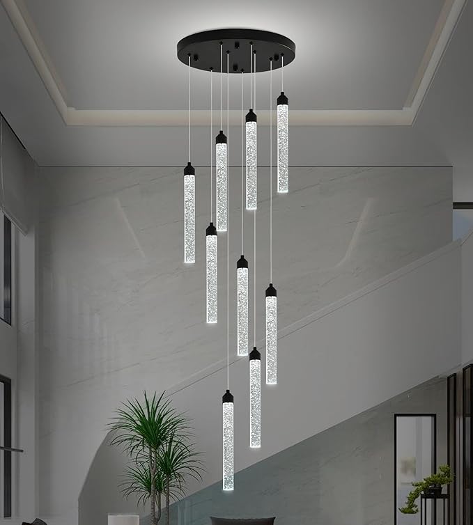 Crystal Staircase Chandelier, Modern Black Spiral Dimmable LED Cluster Raindrop Foyer Chandelier Lighting, Bubble Living Room Hanging Light Fixture 9 Light Remote Control