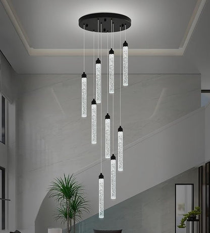 Crystal Staircase Chandelier, Modern Black Spiral Dimmable LED Cluster Raindrop Foyer Chandelier Lighting, Bubble Living Room Hanging Light Fixture 9 Light Remote Control