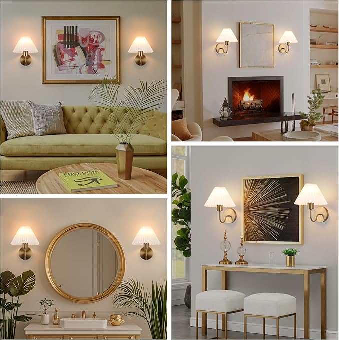 Brushed Brass Wall Sconces Sets of 2 With White Pleated lampshade, Indoor Gooseneck Gold Wall Lamp Lighting, Bathroom Dresser Hardwired sconces wall decor Fixture for Living Room Bedroom Dining Room