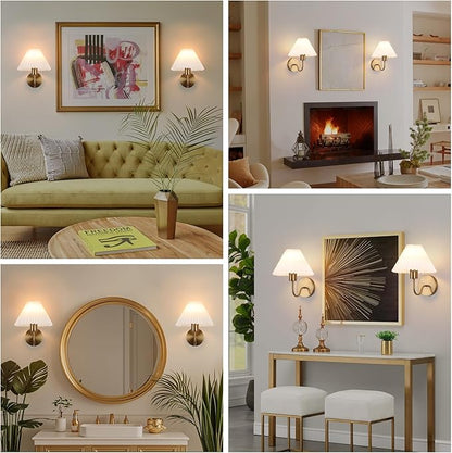 Brushed Brass Wall Sconces Sets of 2 With White Pleated lampshade, Indoor Gooseneck Gold Wall Lamp Lighting, Bathroom Dresser Hardwired sconces wall decor Fixture for Living Room Bedroom Dining Room