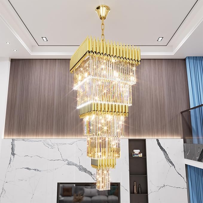 W24 x H80 Large Gold Chandeliers for High Ceiling, 15-Light Square Tiered K9 Crystal Raindrop Chandelier, Adjustable Height Luxury Pendant Light for Staircase, Villa Foyer, Entryway
