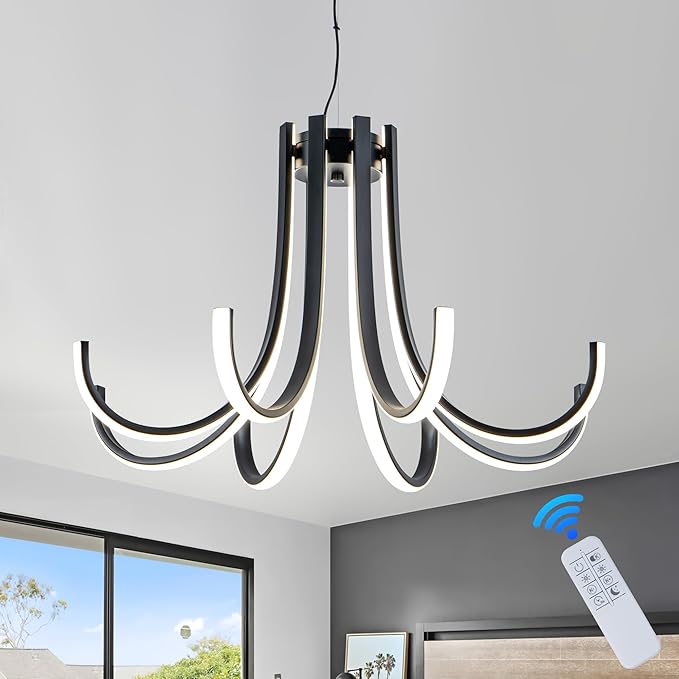 Mayful 8-Light Black Modern Chandelier with Remote Control, Dimmable LED Kitchen Island Light, 3-Color Adjustable Height Pendant for Dining Room Kitchen Office,64 Inch