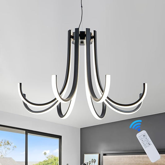 Mayful 8-Light Black Modern Chandelier with Remote Control, Dimmable LED Kitchen Island Light, 3-Color Adjustable Height Pendant for Dining Room Kitchen Office,64 Inch