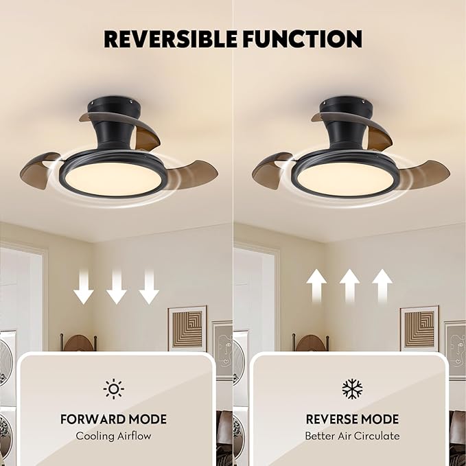 28 Inch Retractable Ceiling Fan with Light Remote Dimmable 6 Speed Reversible Small Light Ceiling Fixtures Modern Bladeless Silent Smart Fan for Bedroom Living Room Kitchen