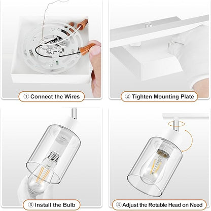 BoostArea White LED 6 Light Track Lighting Kit, 6 Way Ceiling Spot Lighting with Glass Lampshade, Flexibly Rotatable Light Head for Kitchen, Living Room, Bedroom, Bulb Not Included