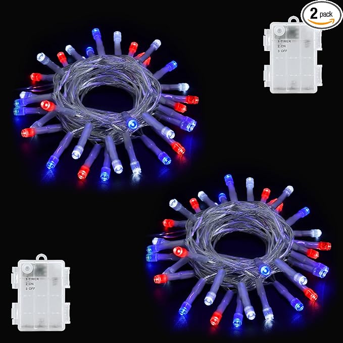 cshare Red White and Blue Lights Battery Operated, 4th of July Lights with Timer Outdoor Waterproof 9.8ft 30 LED for 4th of July Independence Day Decorations Garland Party Garden 2 Packs