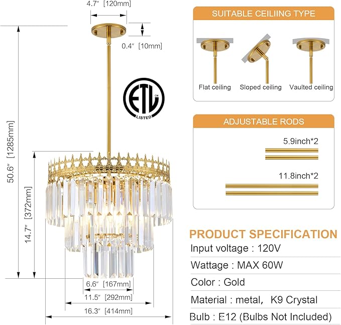 16'' Gold Crystal Chandelier,6-Light Modern Chandeliers for Dining Room,3-Tiers Round Metal Pendant Light Fixture for Kitchen Island Living Room Bedroom Entryway