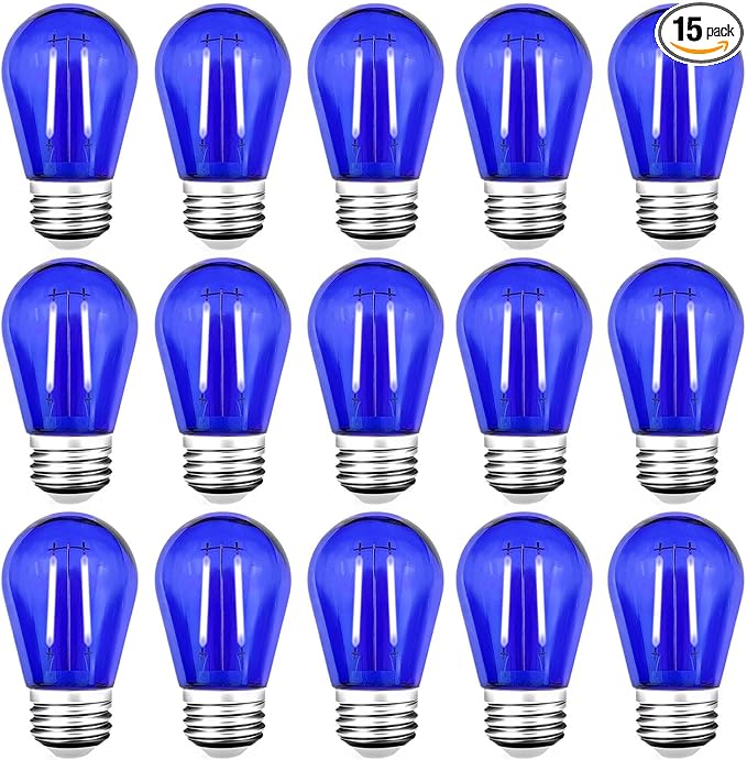 15 Pack S14 LED String Light Bulbs, Shatterproof 2 Watt Blue Replacement Bulbs for Outdoor String Light, Waterproof Decorative E26 Base Blue Filament Edison Christmas Light Bulbs, 120V