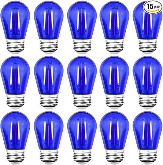 15 Pack S14 LED String Light Bulbs, Shatterproof 2 Watt Blue Replacement Bulbs for Outdoor String Light, Waterproof Decorative E26 Base Blue Filament Edison Christmas Light Bulbs, 120V