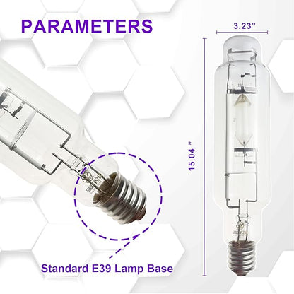 Metal Halide 1000W E39 6000K MH 1000 Watts Grow Light Bulb 1450μmol High PAR 95000 Lumens 40% Rich Blue and Violet Spectrums for Veg Growth Resin Boost Hydroponic Horticulture 2-Pack